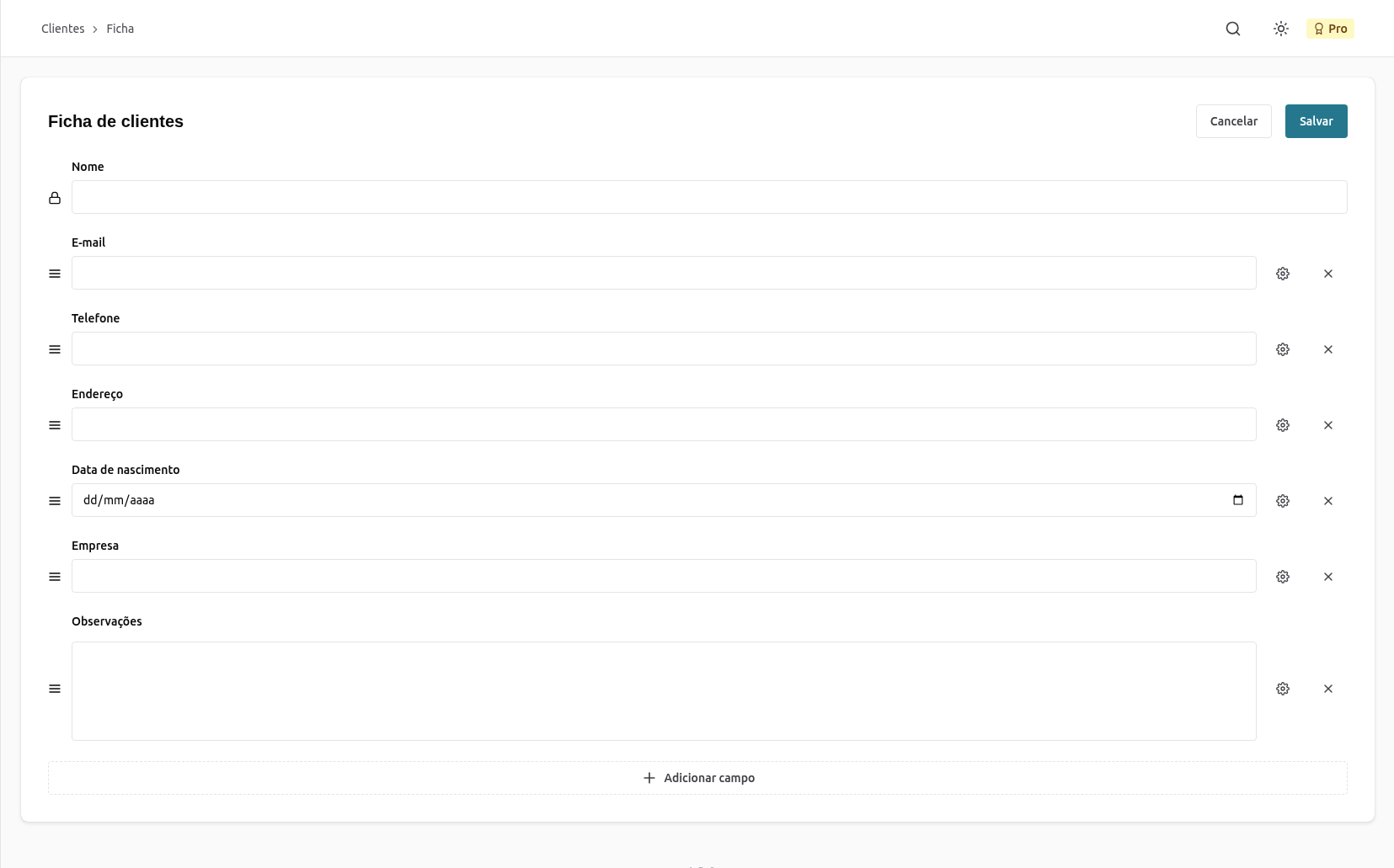 Ficha de clientes personalizável